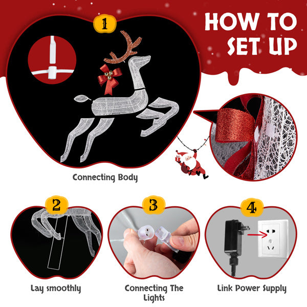 Deer Sled, White Light, Powder Mesh, Christmas Lights, Reindeer 211X27.5X100cm