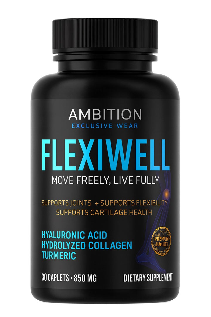 Ambition Flexiwell Joint Support Supplement with Hyaluronic Acid, Collagen, Turmeric, 30 Caplets, 850mg.