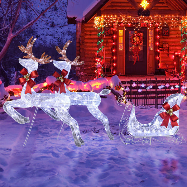 Deer Sled, White Light, Powder Mesh, Christmas Lights, Reindeer 211X27.5X100cm